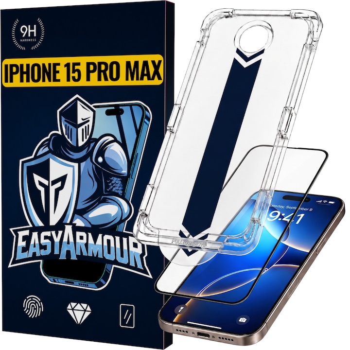 Set 2 Bucati – Folie Sticla pentru iPhone 15 Pro Max cu Aplicator, Aplicare Usoara in 5 Secunde, Duritate 9H, Full Cover 3D, Tratament Oleofobic Anti-Amprenta, Instalare Fara Bule, Margini Negre, Protectie Premium Rezistenta la Socuri, EasyArmour