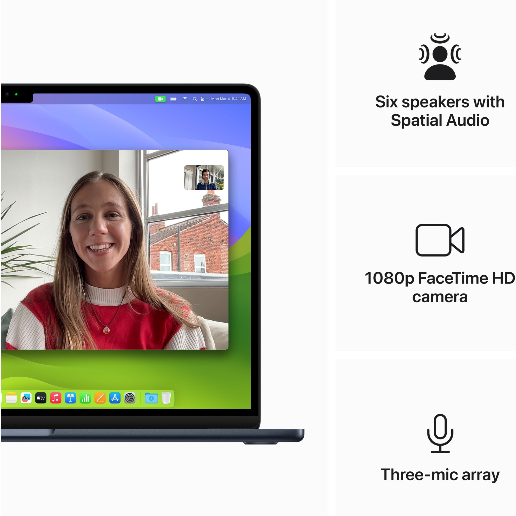 Laptop Apple MacBook Air 15" cu procesor Apple M3, 8 nuclee CPU si 10 nuclee GPU, 8GB, 256GB SSD, Midnight, INT KB