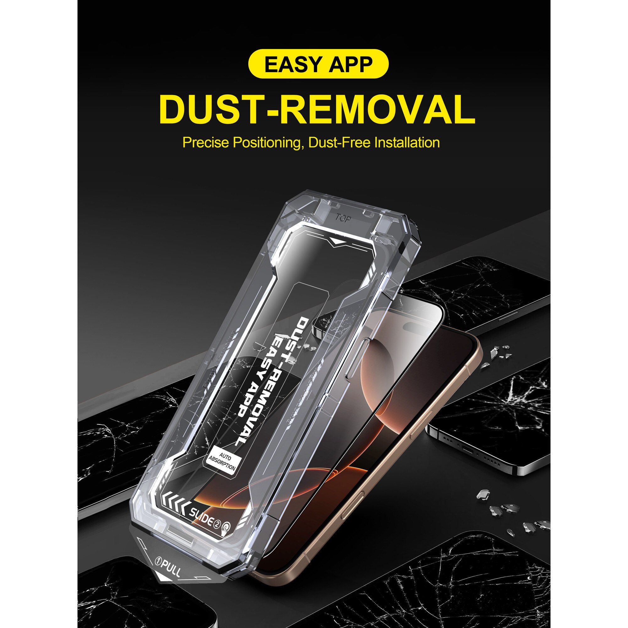 Folie sticla pentru Iphone 16, Iphone 15, Sticla securizata B Series, Anti-amprenta, Anti-Static Flexibila, Margini Negre Aluminiu, Strat Oleofob 6.1", instalare usoara, rapida cu dispozitiv de potrivire automata, Easy Install Kit, RikBo®