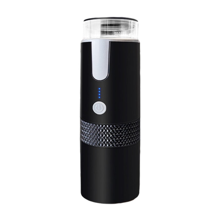 Cafetiera portabila 170 ml, reincarcabila, compatibila cu capsule si cafea macinata, neagra, dimensiuni 24.5x7.6cm