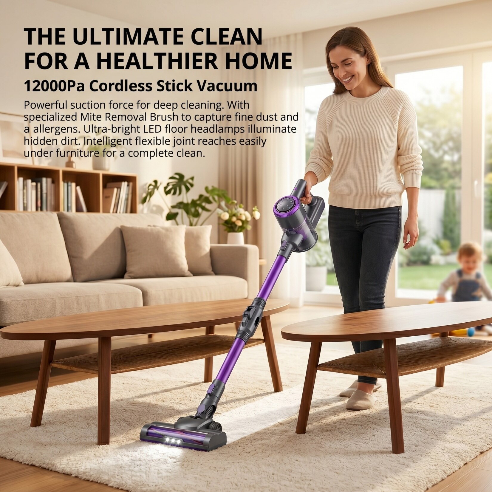 Aspirator vertical fara fir, 600W, 50 kPa, autonomie pana la 45 min, ecran Touch LED, filtrare HEPA 7 straturi, rezervor 1.5L, perie anti-incurcare, LED frontal, aspirator de mana inclus, ideal pentru par de animale