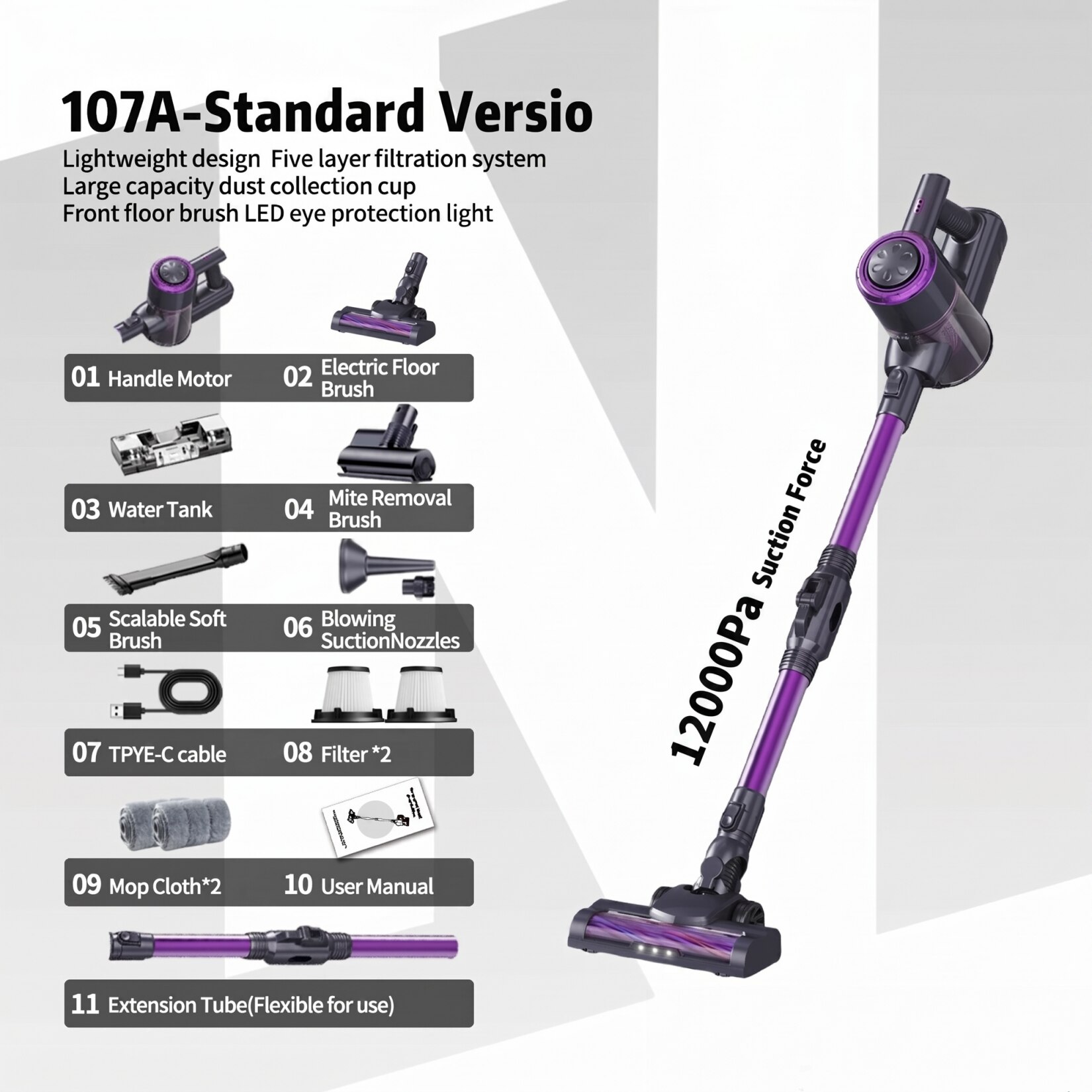 Aspirator vertical fara fir, 600W, 50 kPa, autonomie pana la 45 min, ecran Touch LED, filtrare HEPA 7 straturi, rezervor 1.5L, perie anti-incurcare, LED frontal, aspirator de mana inclus, ideal pentru par de animale