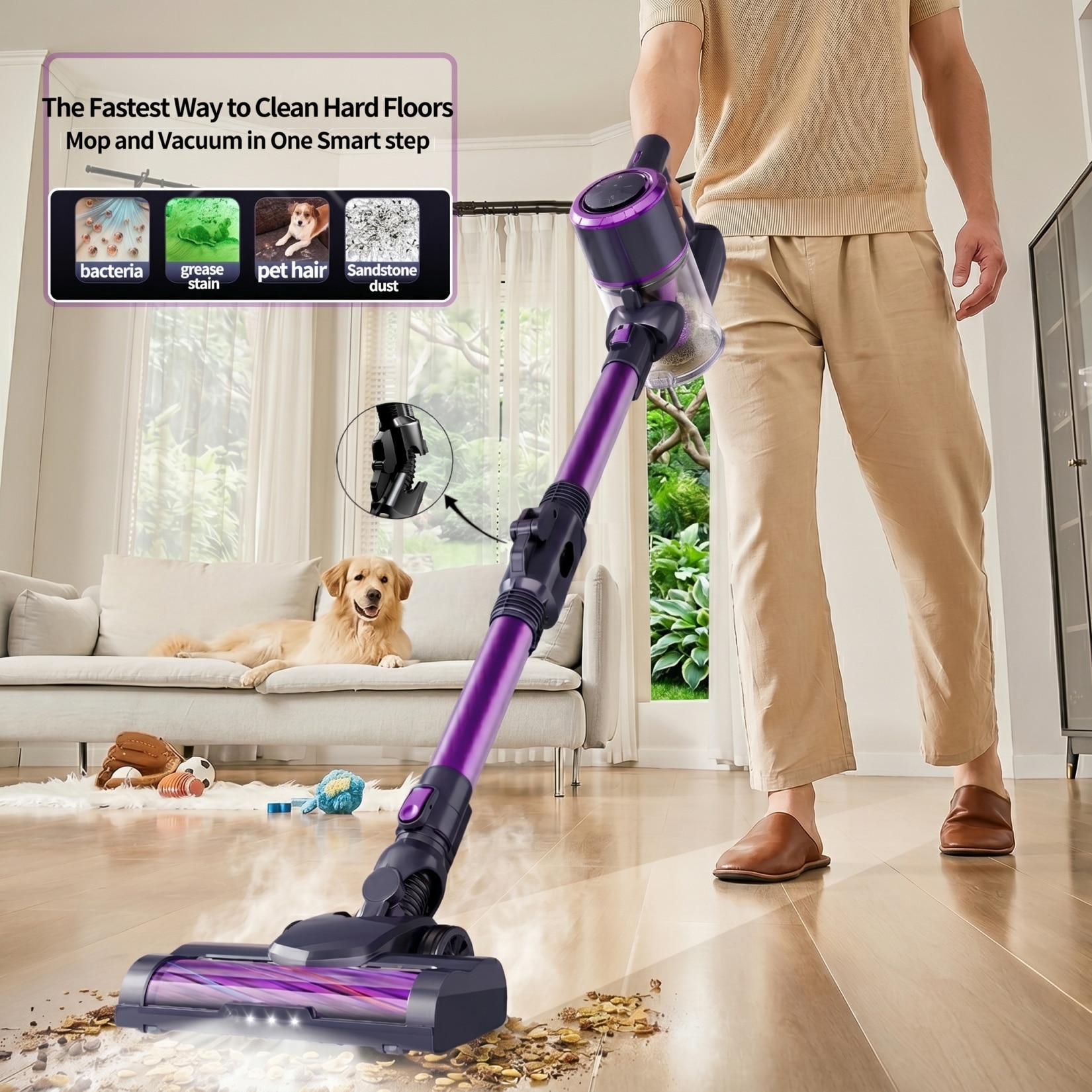 Aspirator vertical fara fir, 600W, 50 kPa, autonomie pana la 45 min, ecran Touch LED, filtrare HEPA 7 straturi, rezervor 1.5L, perie anti-incurcare, LED frontal, aspirator de mana inclus, ideal pentru par de animale
