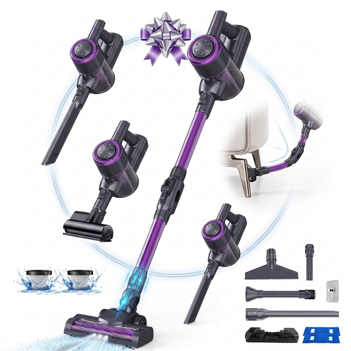Aspirator vertical fara fir, 600W, 50 kPa, autonomie pana la 45 min, ecran Touch LED, filtrare HEPA 7 straturi, rezervor 1.5L, perie anti-incurcare, LED frontal, aspirator de mana inclus, ideal pentru par de animale