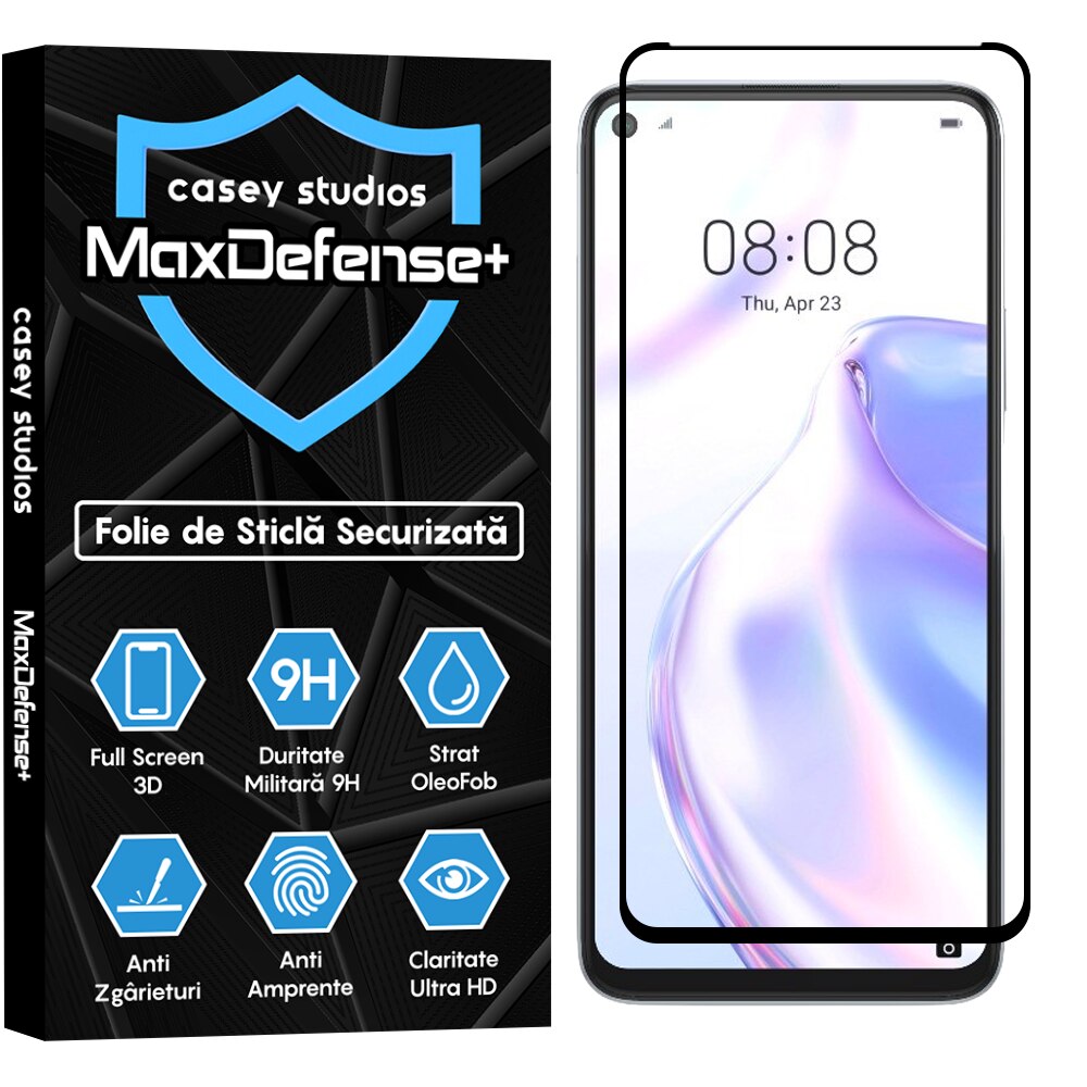 Folie Sticla CASEY STUDIOS™ compatibila cu Huawei P40 Lite 5G, MaxDefense+, Anti Zgarieturi, Full Glue, Full Cover 3D, Protectie Ecran 3D, Duritate Ridicata, Margini Negre