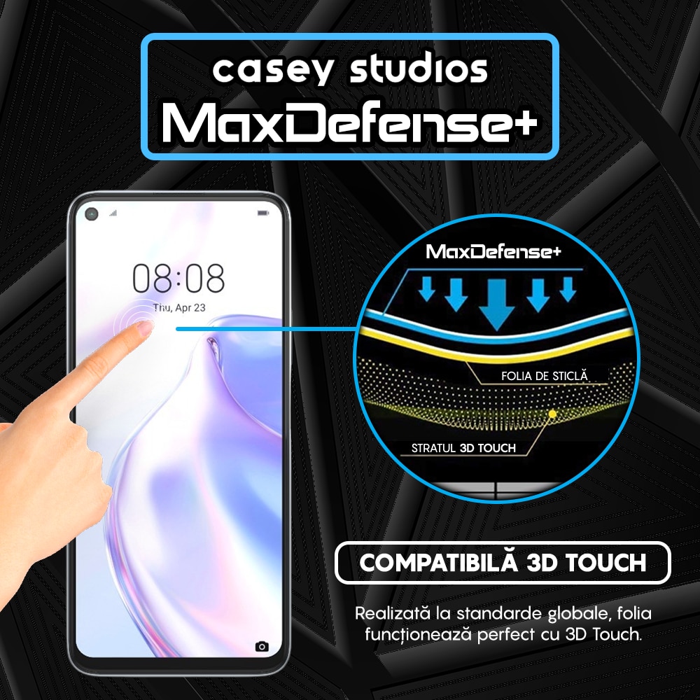 Folie Sticla CASEY STUDIOS™ compatibila cu Huawei P40 Lite 5G, MaxDefense+, Anti Zgarieturi, Full Glue, Full Cover 3D, Protectie Ecran 3D, Duritate Ridicata, Margini Negre