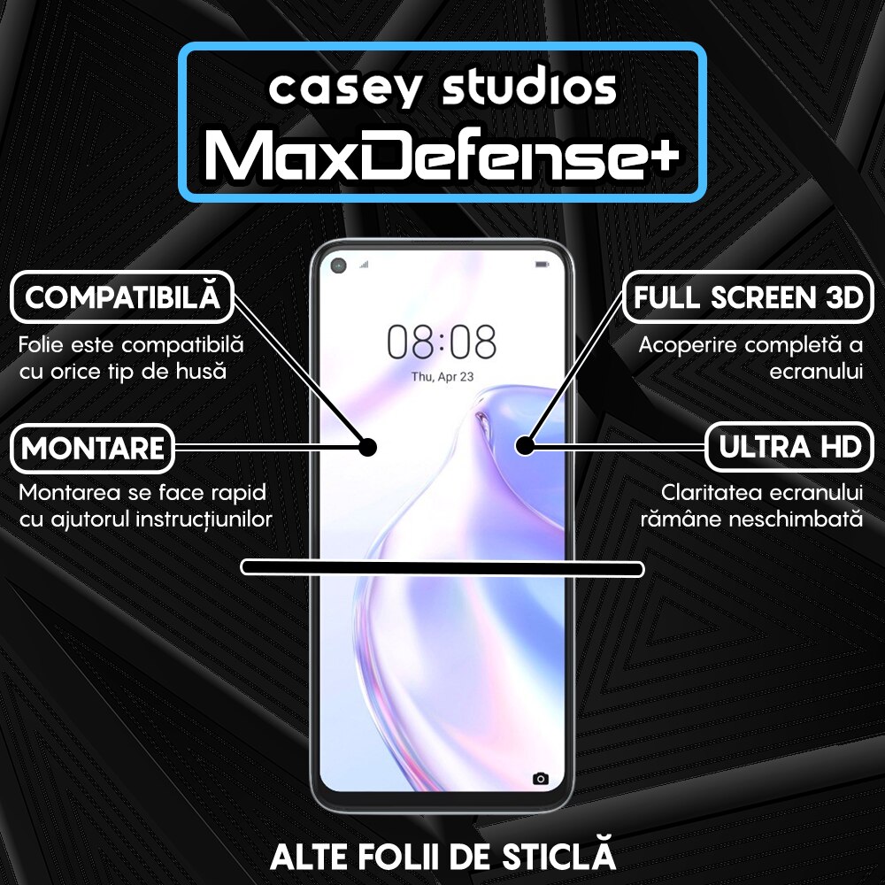 Folie Sticla CASEY STUDIOS™ compatibila cu Huawei P40 Lite 5G, MaxDefense+, Anti Zgarieturi, Full Glue, Full Cover 3D, Protectie Ecran 3D, Duritate Ridicata, Margini Negre
