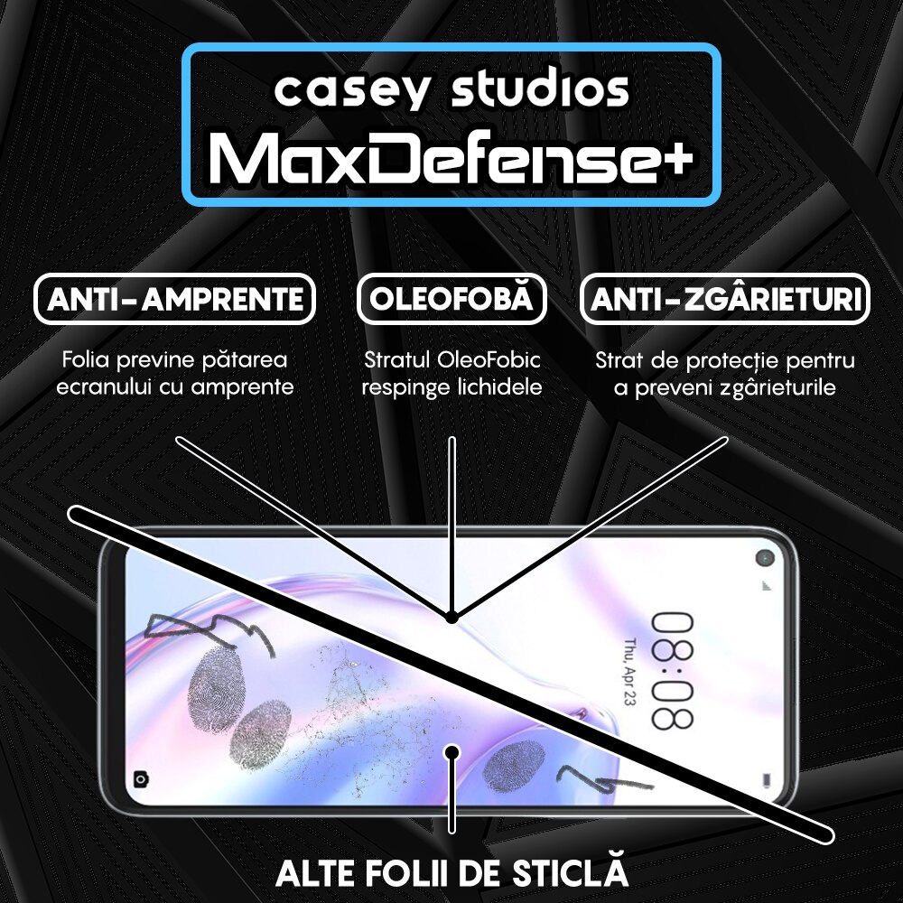 Folie Sticla CASEY STUDIOS™ compatibila cu Huawei P40 Lite 5G, MaxDefense+, Anti Zgarieturi, Full Glue, Full Cover 3D, Protectie Ecran 3D, Duritate Ridicata, Margini Negre
