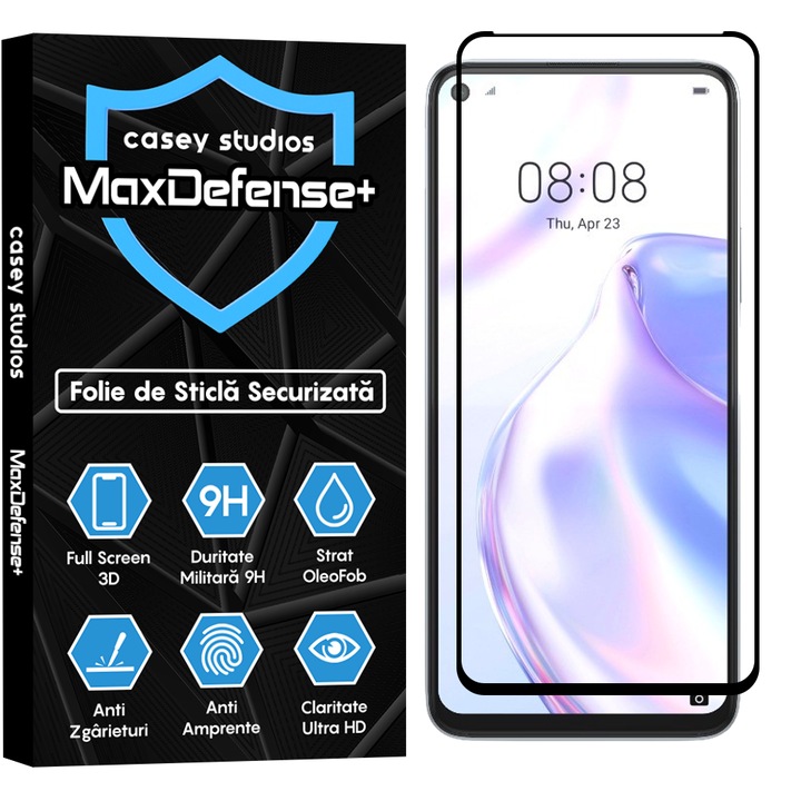 Folie Sticla CASEY STUDIOS™ compatibila cu Huawei P40 Lite 5G, MaxDefense+, Anti Zgarieturi, Full Glue, Full Cover 3D, Protectie Ecran 3D, Duritate Ridicata, Margini Negre