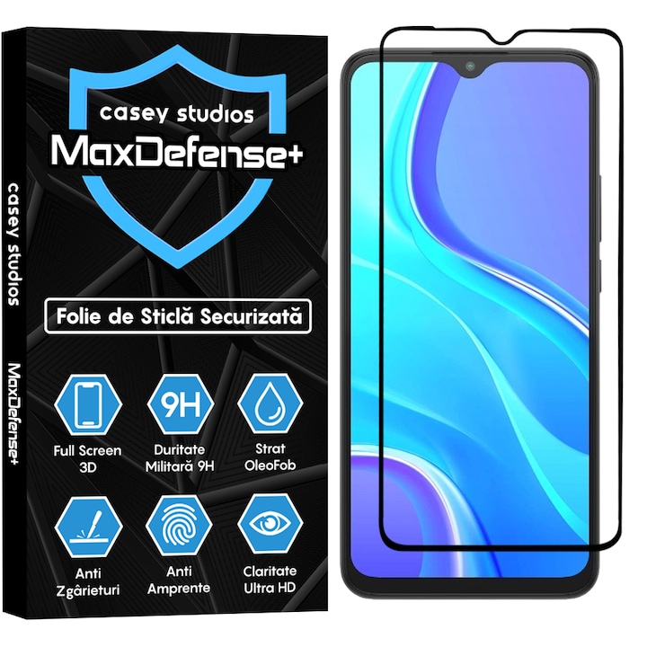 Folie Sticla CASEY STUDIOS™ compatibila cu Xiaomi Redmi 9, Full Cover 3D, Full Glue, Duritate Militara, Ultra HD, Anti Zgarieturi, Anti Socuri, Margini Negre