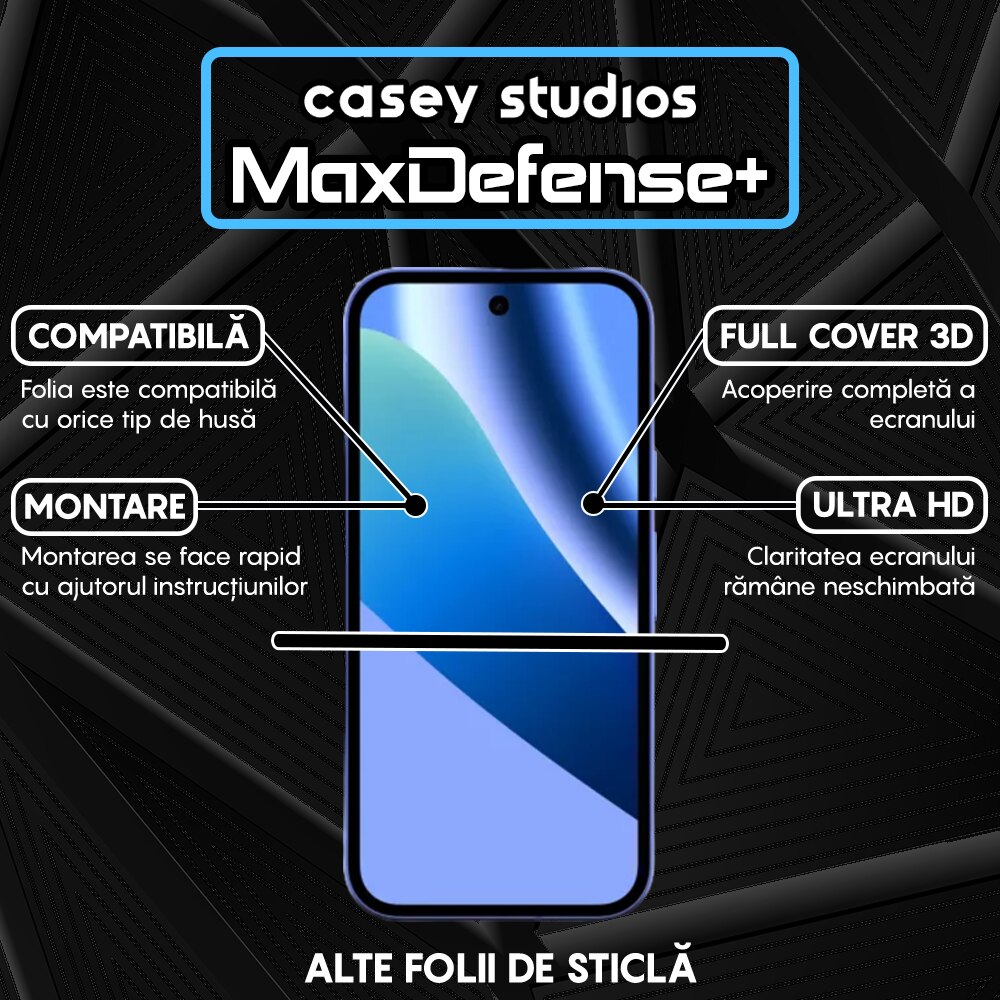 Folie Sticla CASEY STUDIOS™ pentru Google Pixel 10A, Full Cover 3D, Full Glue, Duritate Militara, Protectie Profesionala Ecran 3D, Anti Zgarieturi, Margini Negre