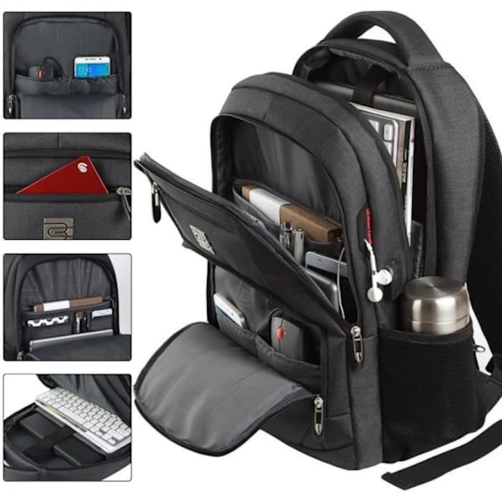 Rucsac laptop din textil, ghiozdan pentru notebook cu port de incarcare USB, rezistent la apa, capacitate mare, Negru, pentru laptop 17.3 inch