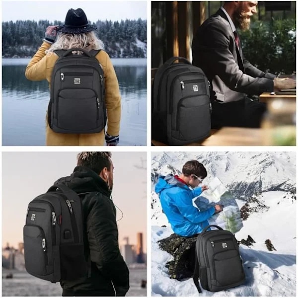 Rucsac laptop din textil, ghiozdan pentru notebook cu port de incarcare USB, rezistent la apa, capacitate mare, Negru, pentru laptop 17.3 inch