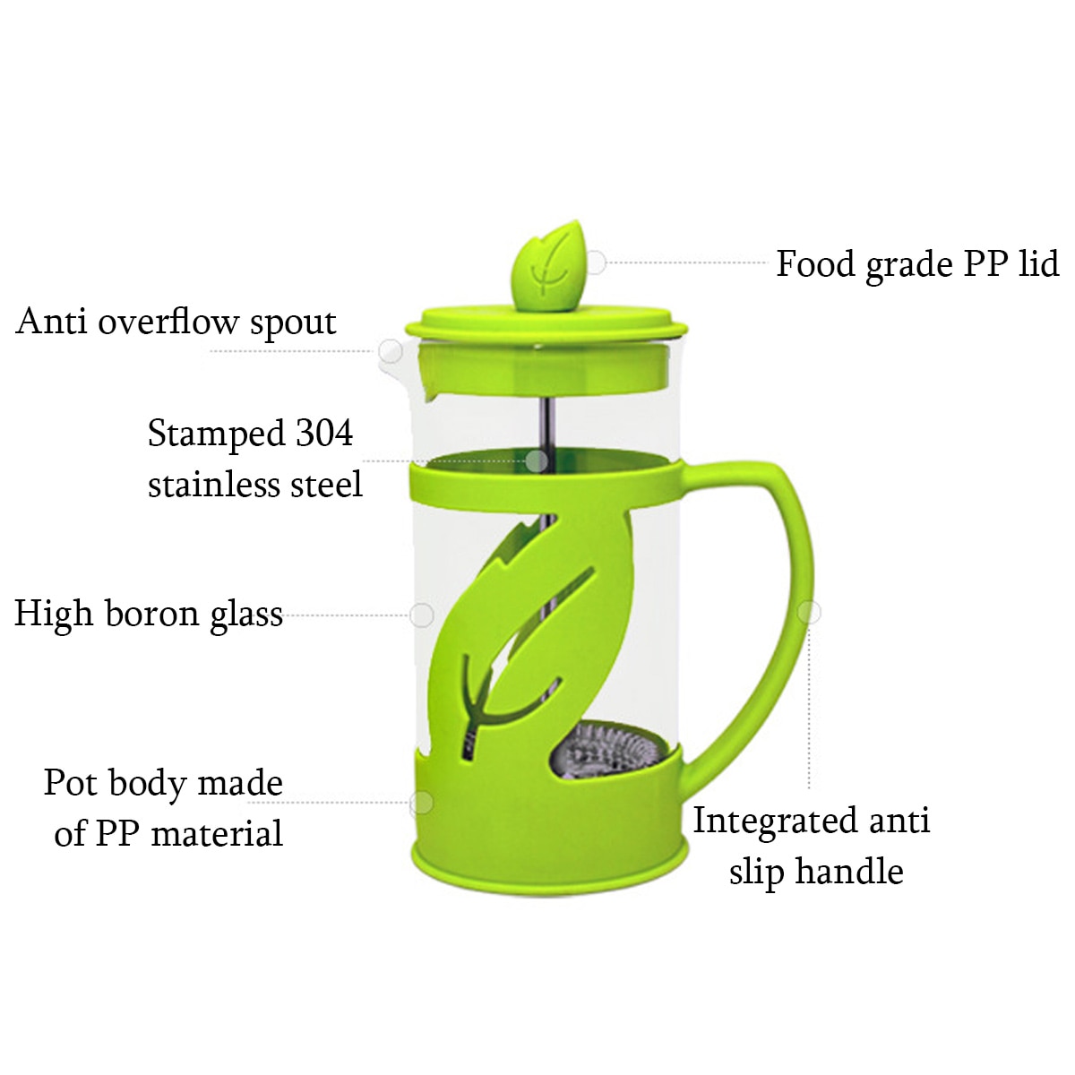 Cafetiere, 2 cani, sticla borosilicata rezistenta la caldura, verde deschis