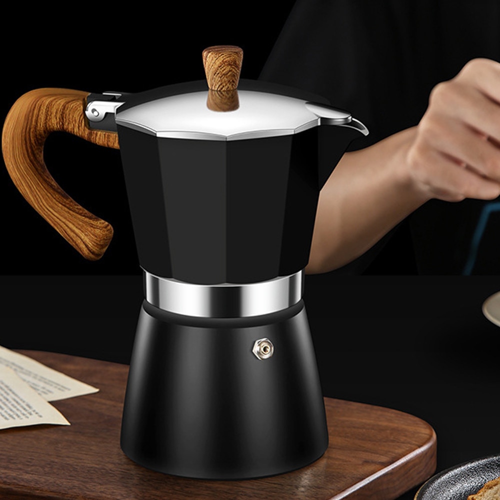 Cafetiera electrica, portabila, 150 ml, cu maner din lemn, negru/argintiu