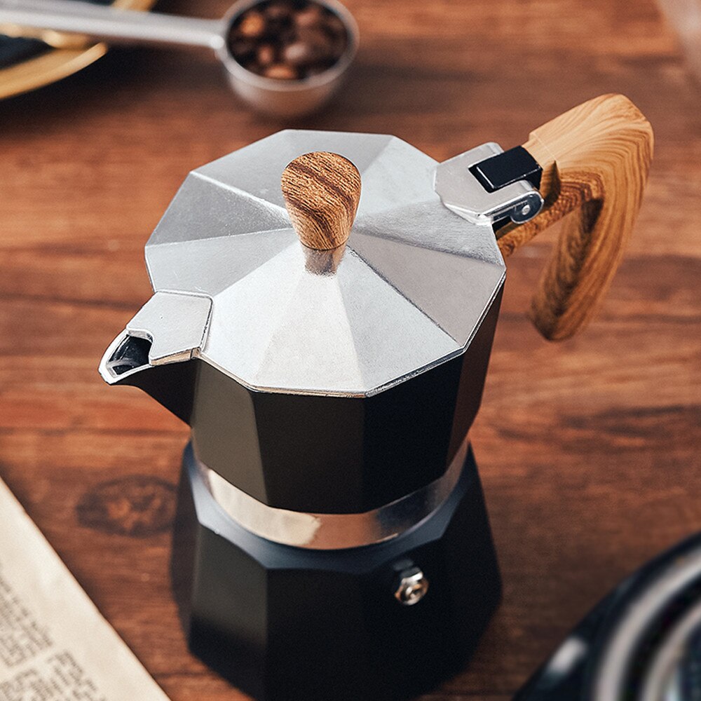 Cafetiera electrica, portabila, 150 ml, cu maner din lemn, negru/argintiu