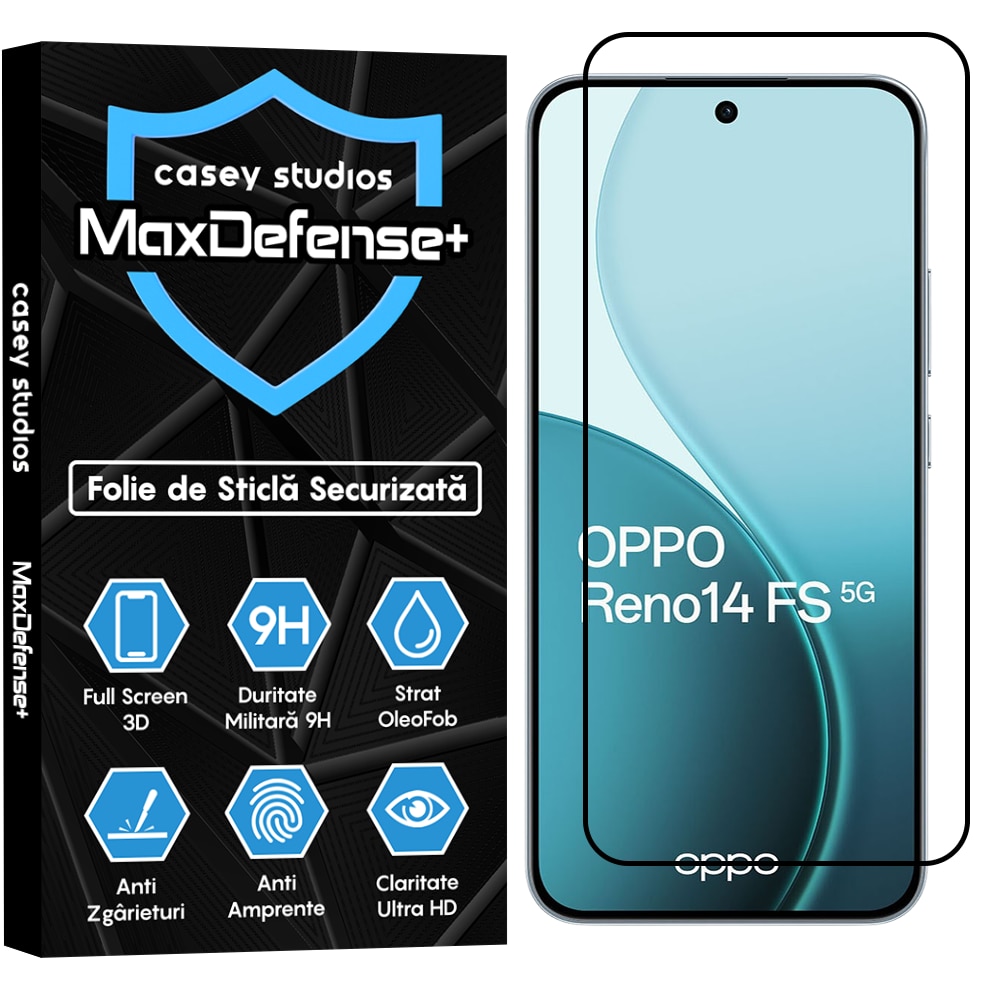 Folie Sticla CASEY STUDIOS™ compatibila cu Oppo Reno14 FS 5G, Full Cover 3D, Full Glue, Sticla Securizata, Duritate Militara, Ultra HD, Protectie Profesionala Ecran 3D, Anti Zgarieturi, Anti Socuri, Margini Negre
