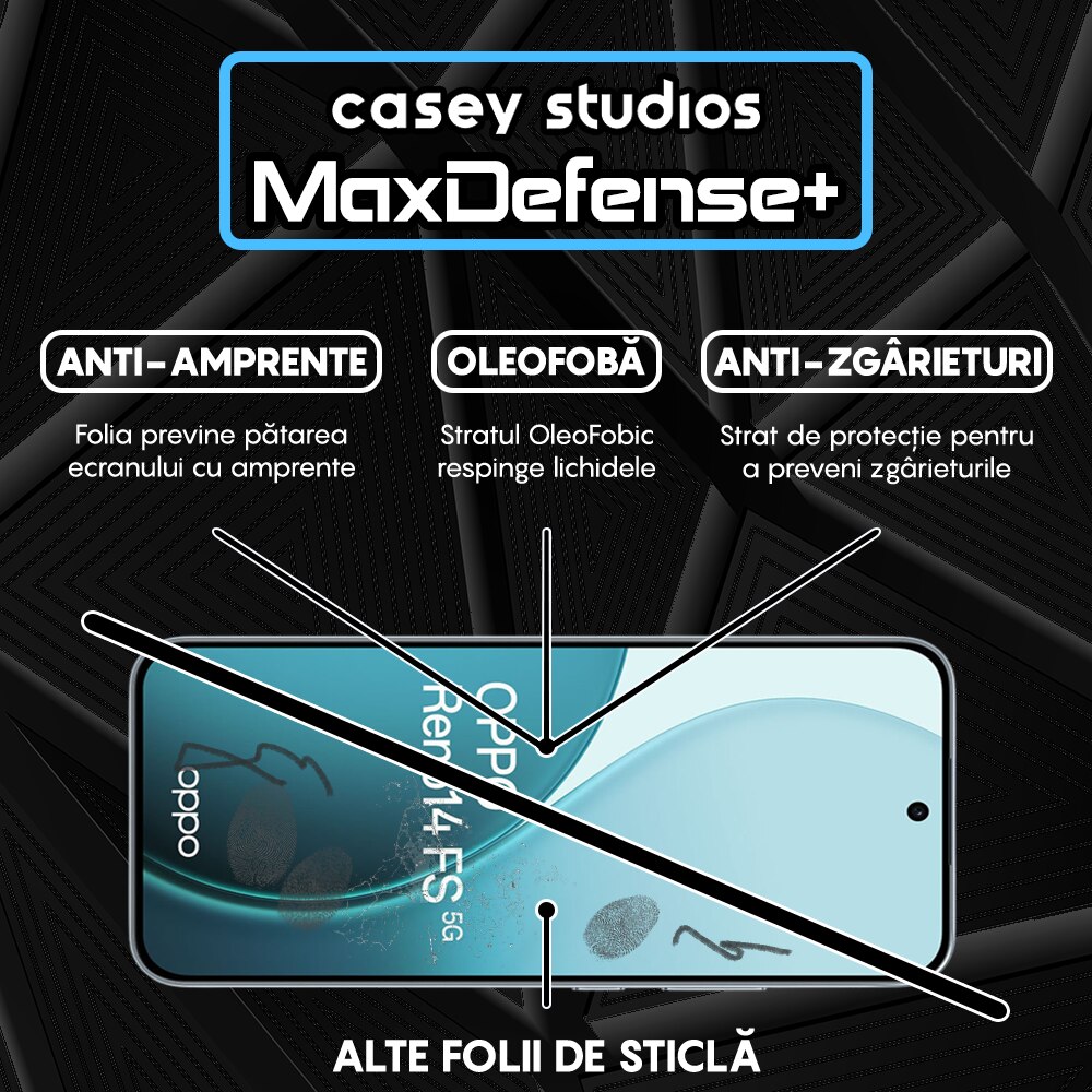 Folie Sticla CASEY STUDIOS™ compatibila cu Oppo Reno14 FS 5G, Full Cover 3D, Full Glue, Sticla Securizata, Duritate Militara, Ultra HD, Protectie Profesionala Ecran 3D, Anti Zgarieturi, Anti Socuri, Margini Negre