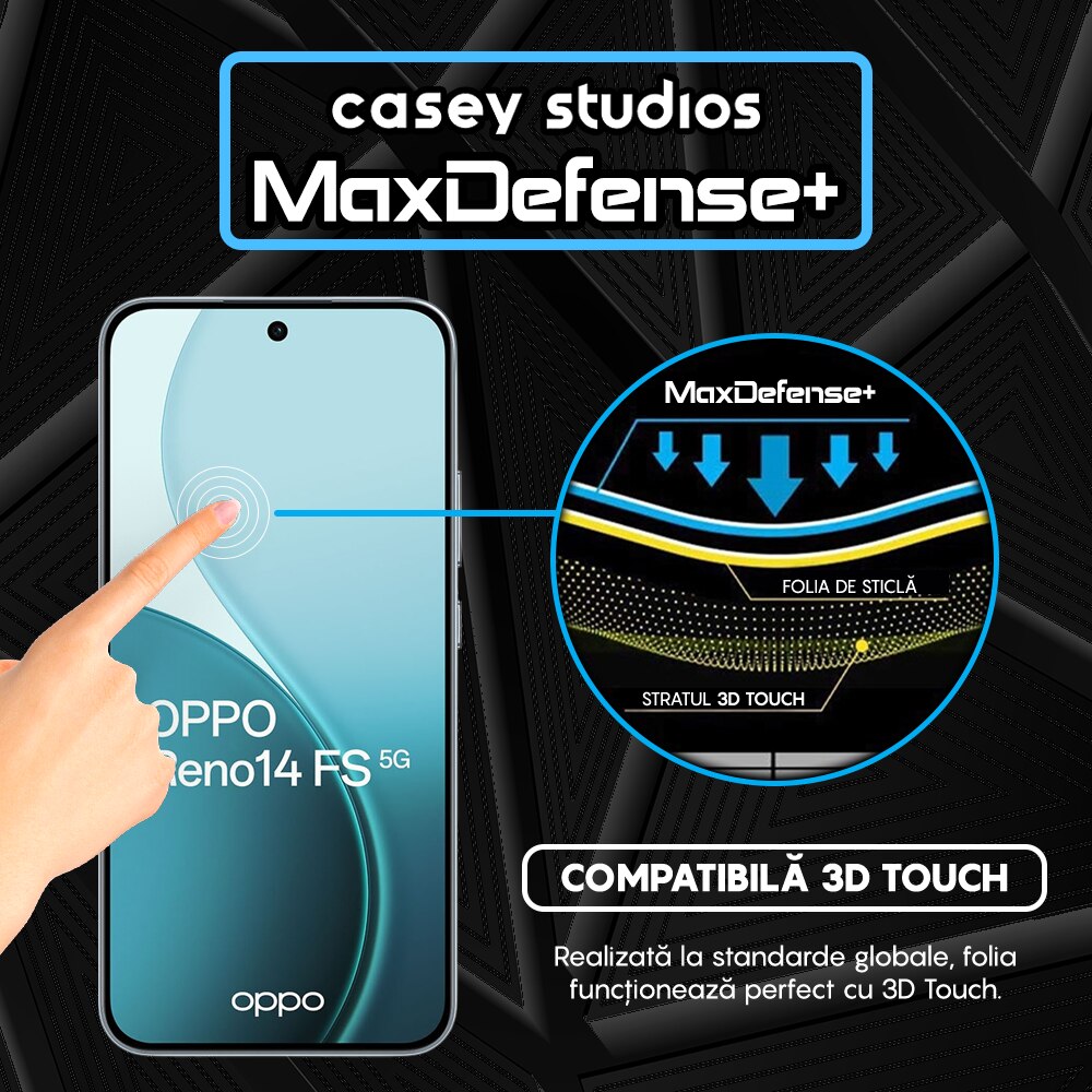 Folie Sticla CASEY STUDIOS™ compatibila cu Oppo Reno14 FS 5G, Full Cover 3D, Full Glue, Sticla Securizata, Duritate Militara, Ultra HD, Protectie Profesionala Ecran 3D, Anti Zgarieturi, Anti Socuri, Margini Negre