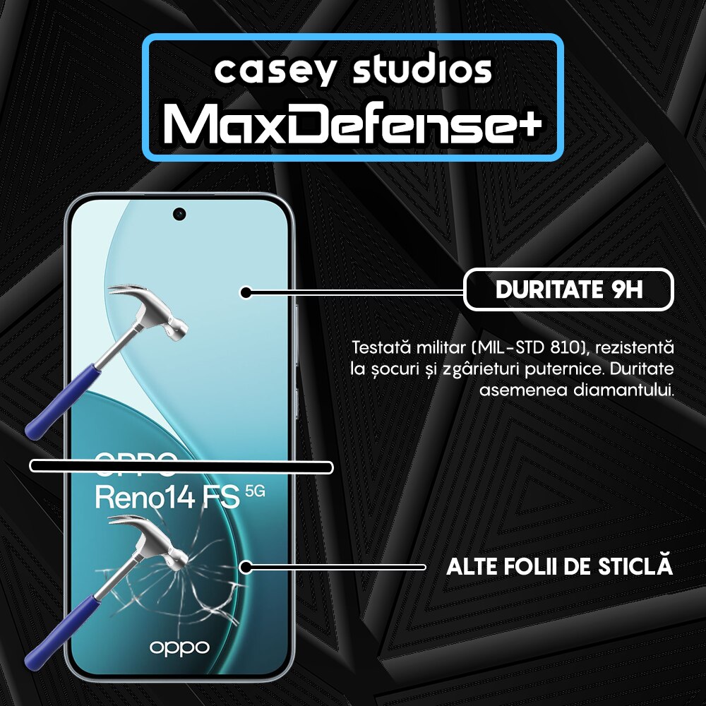 Folie Sticla CASEY STUDIOS™ compatibila cu Oppo Reno14 FS 5G, Full Cover 3D, Full Glue, Sticla Securizata, Duritate Militara, Ultra HD, Protectie Profesionala Ecran 3D, Anti Zgarieturi, Anti Socuri, Margini Negre