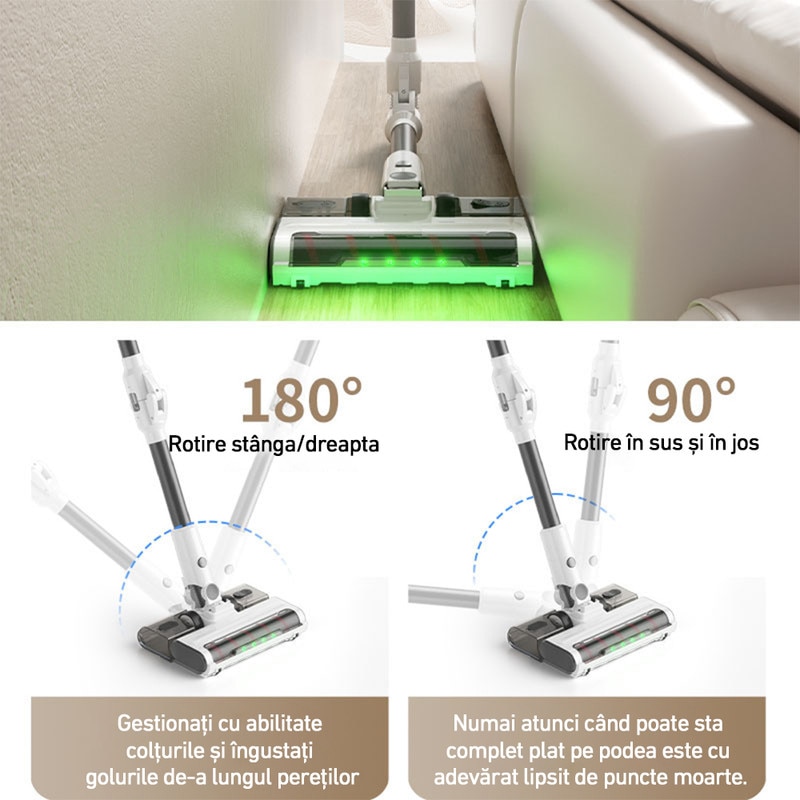 Aspirator Vertical 2 In 1, Gorielden, spalare si stergere intr-unul, 3 trepte de putere, display LED, tub flexibil, functionare autonoma 25-30 minute, Perii Multiple, Podea, Covor, Alb