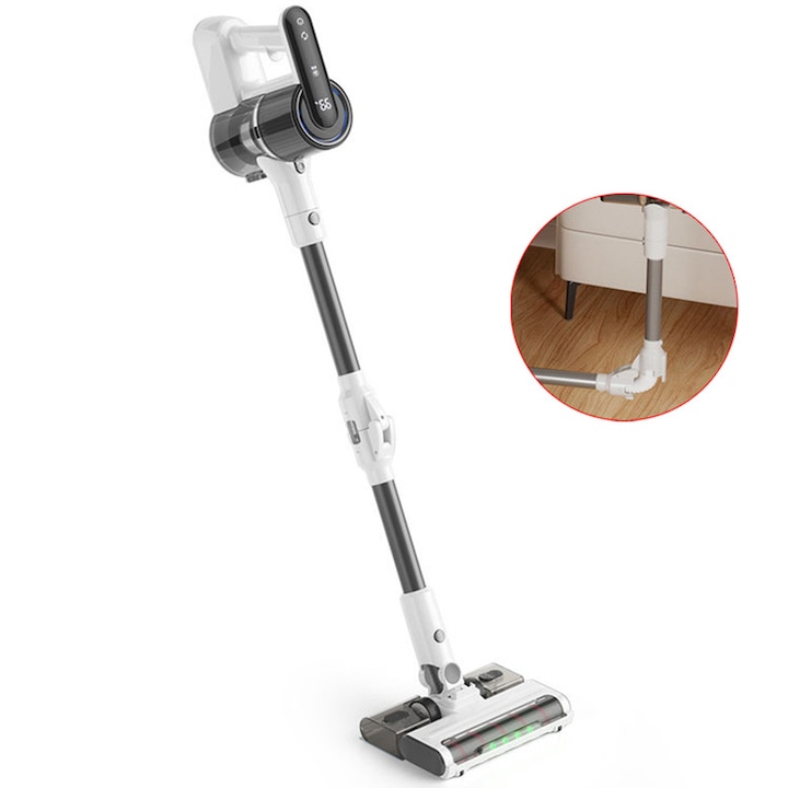 Aspirator Vertical 2 In 1, Gorielden, spalare si stergere intr-unul, 3 trepte de putere, display LED, tub flexibil, functionare autonoma 25-30 minute, Perii Multiple, Podea, Covor, Alb