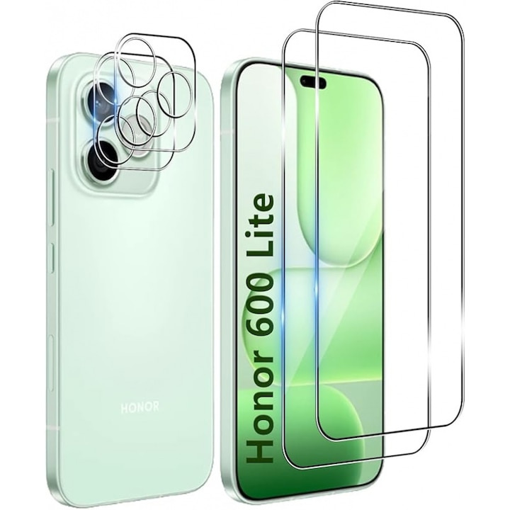 Set protectie ecran si protectii lentila camera compatibile cu Honor 600 Lite 5G, sticla securizata 9H, oleofobic, transparent, 2 folii ecran, 2 folii camera