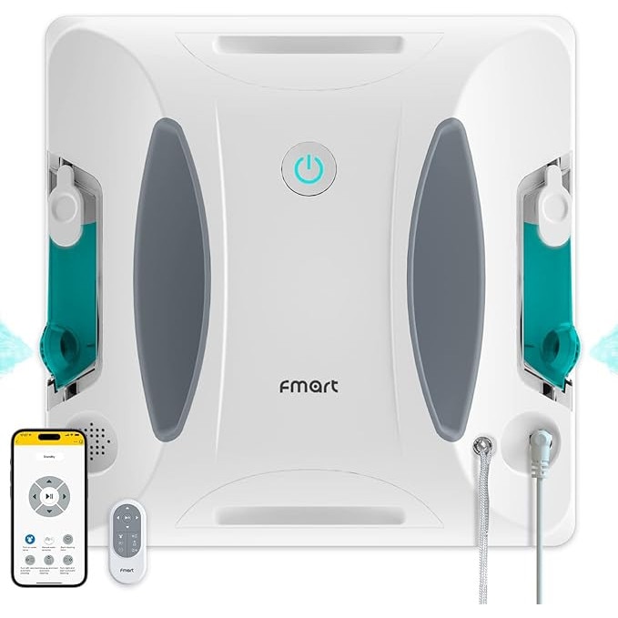 Robot de curatare autonom a geamurilor cu aspiratie puternica de 3800 Pa, pulverizare de apa pe doua laturi, telecomanda APP, FMART W6, potrivit ferestre cu inalte de exterior/interior