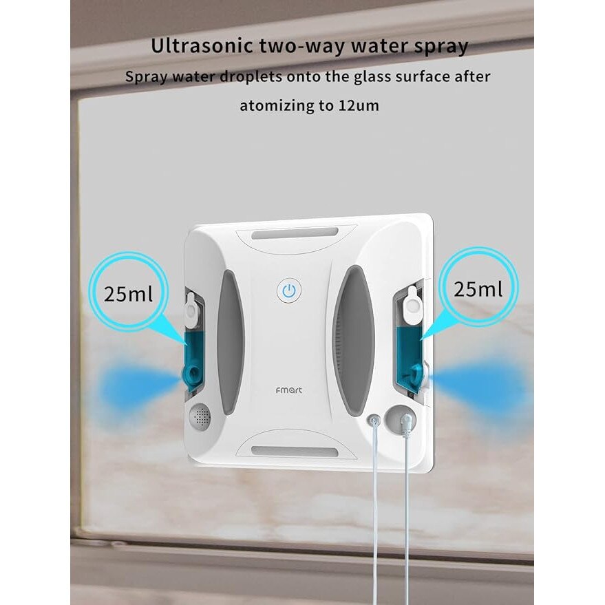Robot de curatare autonom a geamurilor cu aspiratie puternica de 3800 Pa, pulverizare de apa pe doua laturi, telecomanda APP, FMART W6, potrivit ferestre cu inalte de exterior/interior