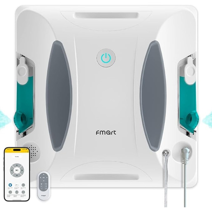 Robot de curatare autonom a geamurilor cu aspiratie puternica de 3800 Pa, pulverizare de apa pe doua laturi, telecomanda APP, FMART W6, potrivit ferestre cu inalte de exterior/interior