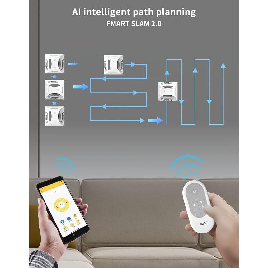 Robot de curatare autonom a geamurilor cu aspiratie puternica de 3800 Pa, pulverizare de apa pe doua laturi, telecomanda APP, FMART W6, potrivit ferestre cu inalte de exterior/interior