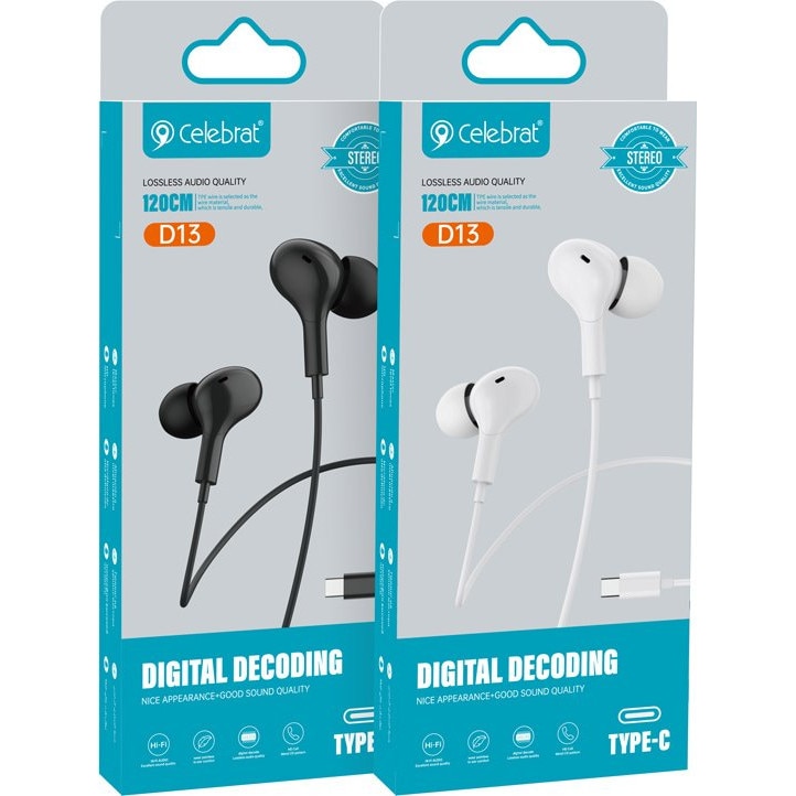 Casti cu fir Celebrat D13, microfon, USB-C, alb, 1.2m