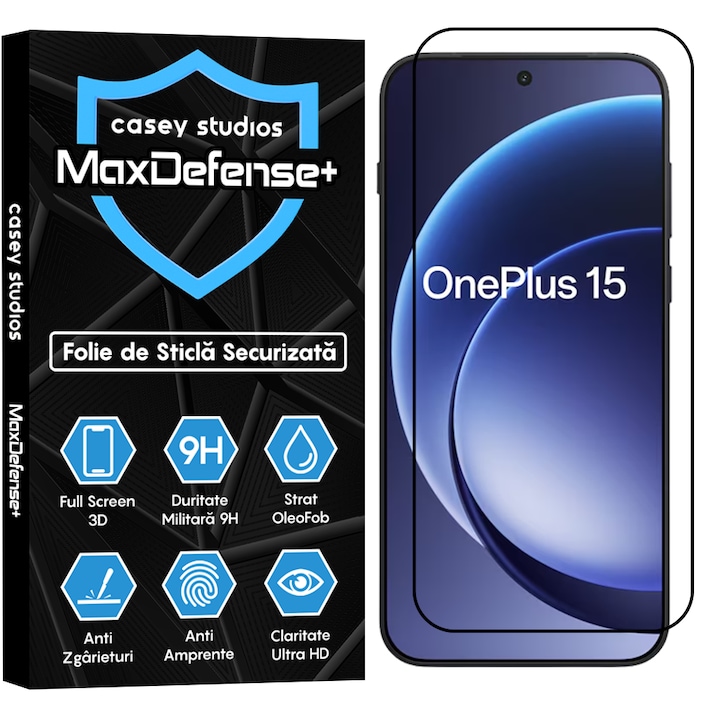 Folie Sticla CASEY STUDIOS™ pentru One Plus 15, Full Cover 3D, Full Glue, Duritate Militara, Protectie Profesionala Ecran 3D, Anti Zgarieturi, Margini Negre