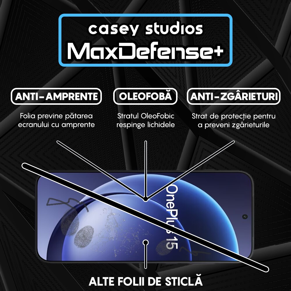 Folie Sticla CASEY STUDIOS™ pentru One Plus 15, Full Cover 3D, Full Glue, Duritate Militara, Protectie Profesionala Ecran 3D, Anti Zgarieturi, Margini Negre