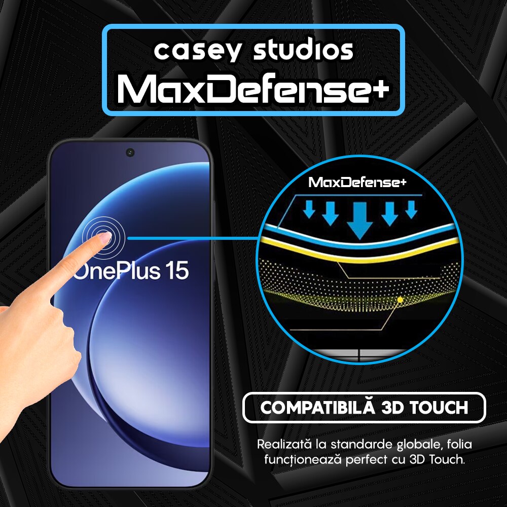 Folie Sticla CASEY STUDIOS™ pentru One Plus 15, Full Cover 3D, Full Glue, Duritate Militara, Protectie Profesionala Ecran 3D, Anti Zgarieturi, Margini Negre