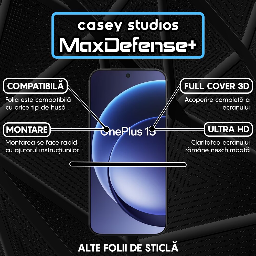 Folie Sticla CASEY STUDIOS™ pentru One Plus 15, Full Cover 3D, Full Glue, Duritate Militara, Protectie Profesionala Ecran 3D, Anti Zgarieturi, Margini Negre
