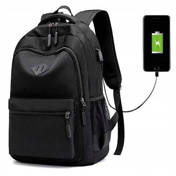 Rucsac negru pentru laptop, 2 compartimente, impermeabil, cu port USB, 31x15x45cm