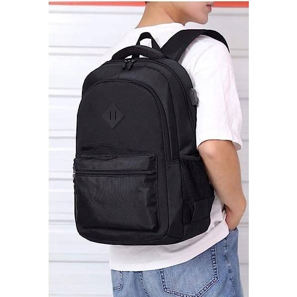 Rucsac negru pentru laptop, 2 compartimente, impermeabil, cu port USB, 31x15x45cm