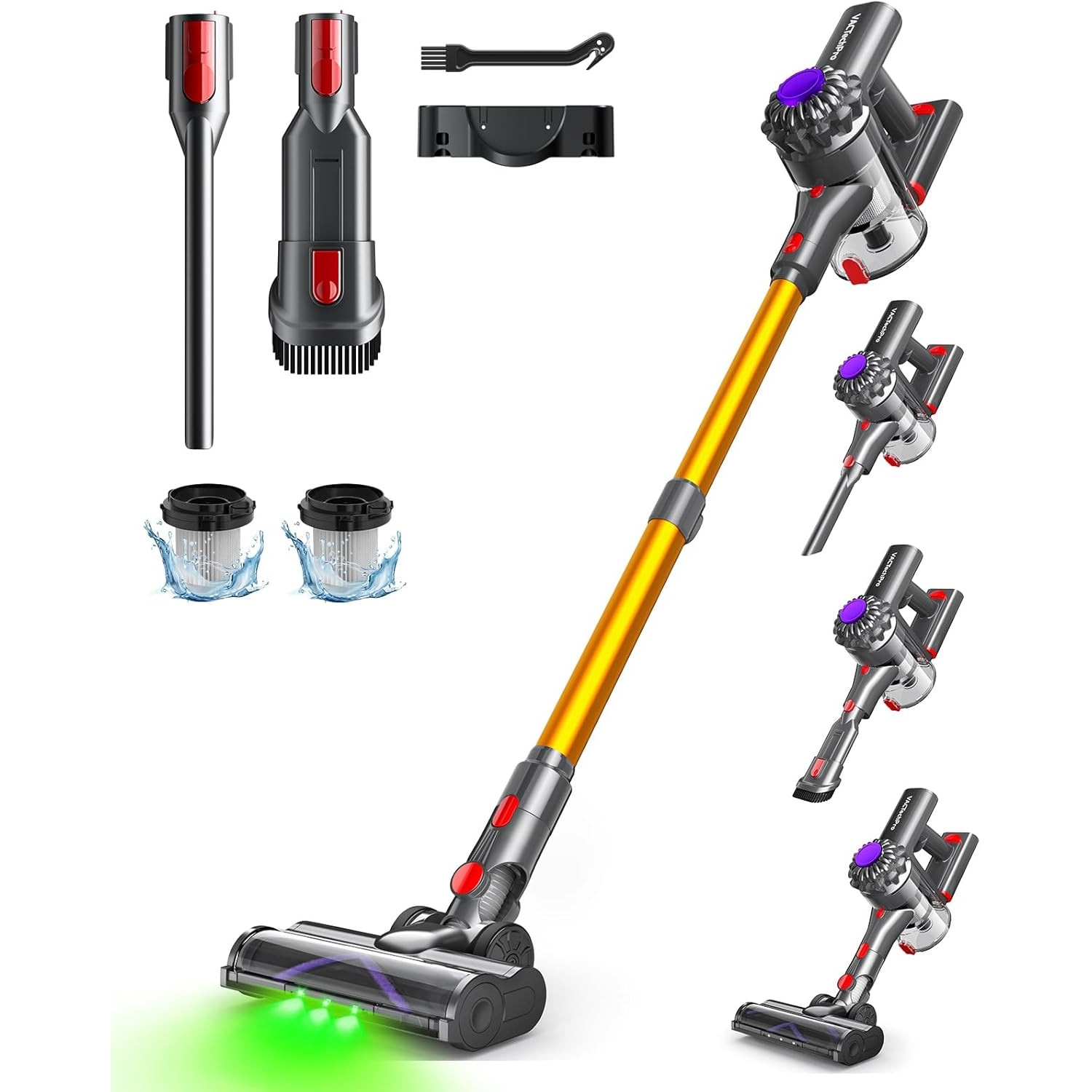 Aspirator vertical si portabil 6 in 1 VACTechPro F02, Fara fir, Putere de aspirare 35kPa, Acumulator 22.2V, Autonomie 35 min, Lumina verde LED, Gri/Auriu