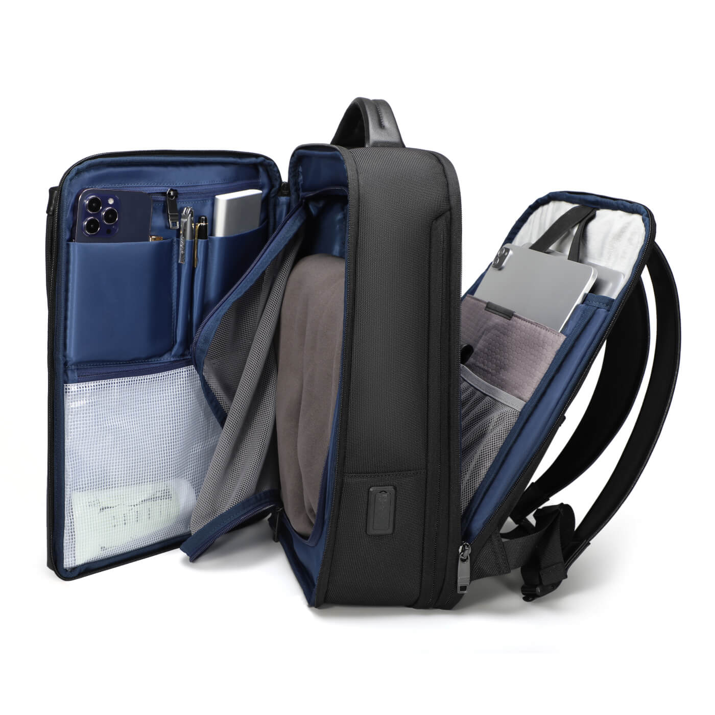 Rucsac 2v1 MYBALO Narvalo DUO, capacitate 24-27 l, pentru laptop 15,6", tableta 9", extensibil, port USB, impermeabil, negru, 42x30x18cm
