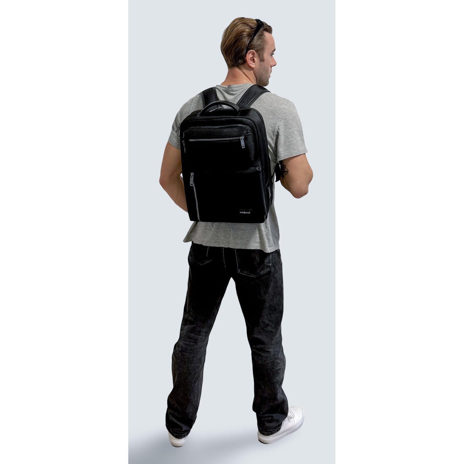Rucsac 2v1 MYBALO Narvalo DUO, capacitate 24-27 l, pentru laptop 15,6", tableta 9", extensibil, port USB, impermeabil, negru, 42x30x18cm