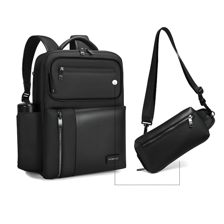 Rucsac 2v1 MYBALO Narvalo DUO, capacitate 24-27 l, pentru laptop 15,6", tableta 9", extensibil, port USB, impermeabil, negru, 42x30x18cm