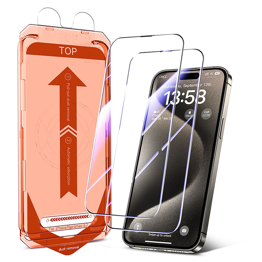 Set 2 Folii sticla compatibil cu iPhone 16/15, Zeguer, Ultra HD, anti-amprente, Echipat cu dispozitiv automat de potrivire, Full Cover 3D, Margini Negre