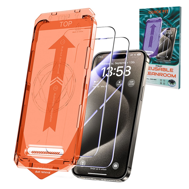 Set 2 Folii sticla compatibil cu iPhone 16/15, Zeguer, Ultra HD, anti-amprente, Echipat cu dispozitiv automat de potrivire, Full Cover 3D, Margini Negre