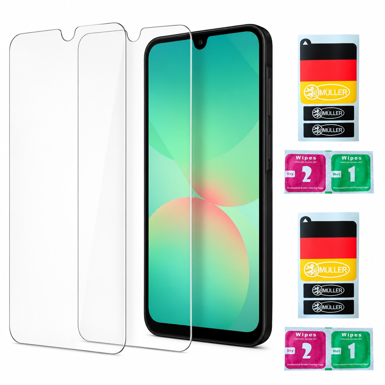 Set 2 Folii Sticla Müller® Transparente, pentru Samsung Galaxy A17 4G / A17 5G, include Set Curatare si 3 Stickere Müller® pentru Indepartare Praf Display/ Ecran din Sticla