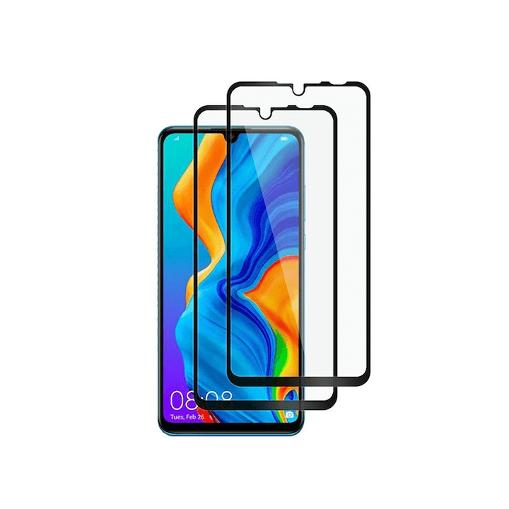 Set 2 folii protectie sticla securizata fullsize pentru Huawei P30 lite, negru