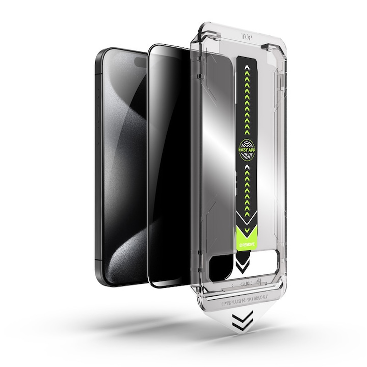 Folie de protectie pentru ecranul iPhone 14 Pro Max, cu kit de aplicare rapida si functie de indepartare automata a prafului, sticla temperata 9H+, claritate Super HD, tratament electronic oleofob si anti-amprente