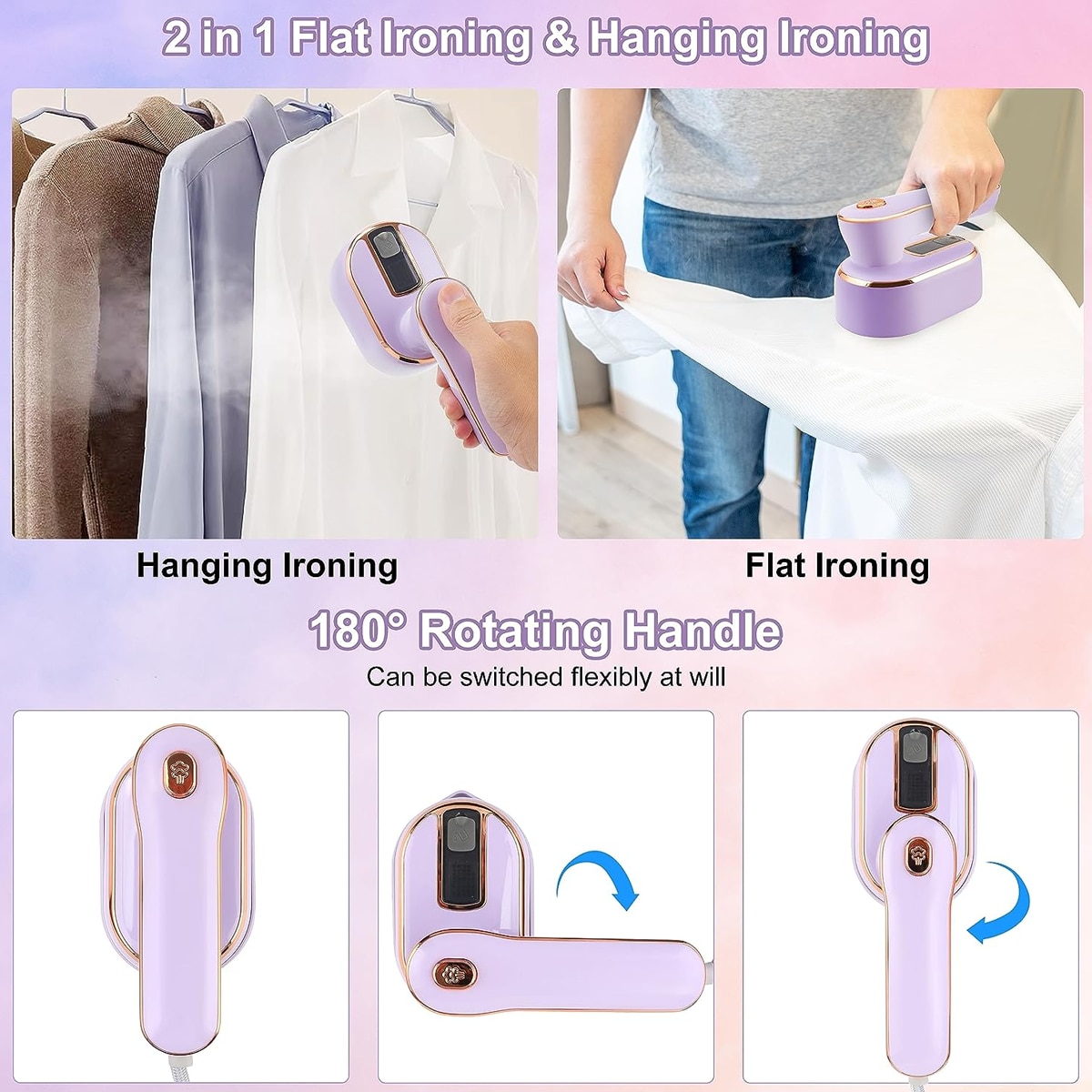 Fier de calcat cu abur portabil, 1000W, design pliabil 180°, 5 orificii de aburare, violet