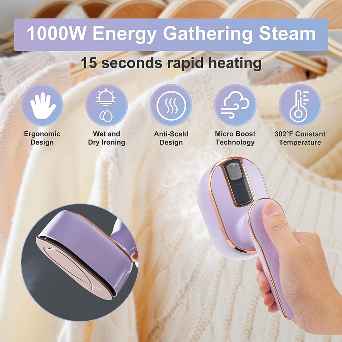 Fier de calcat cu abur portabil, 1000W, design pliabil 180°, 5 orificii de aburare, violet