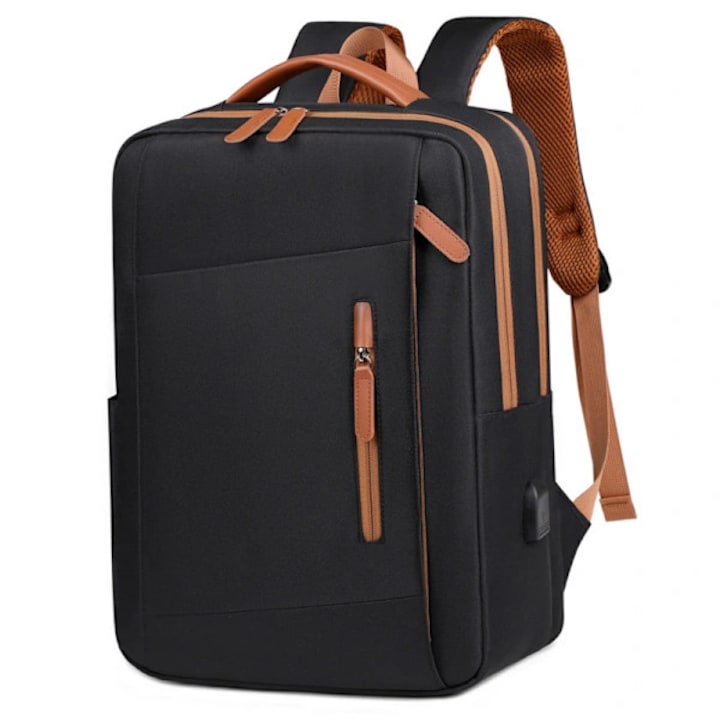 Rucsac laptop din poliester, rezistent la apa, cu port de incarcare USB, design ergonomic si spate captusit, Negru, pentru laptop 15.6 inch